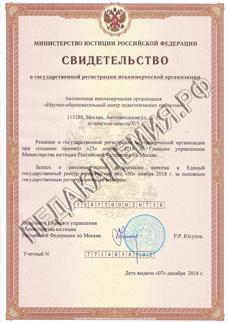 Свидетельство Министерства юстиции Российской Федерации